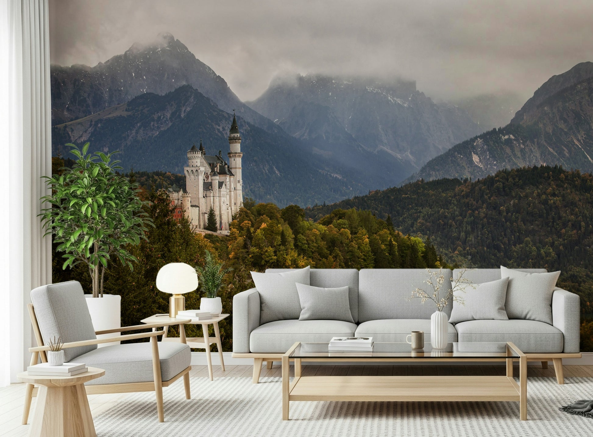 A peaceful modern abstract mural on decorative wallpaper.