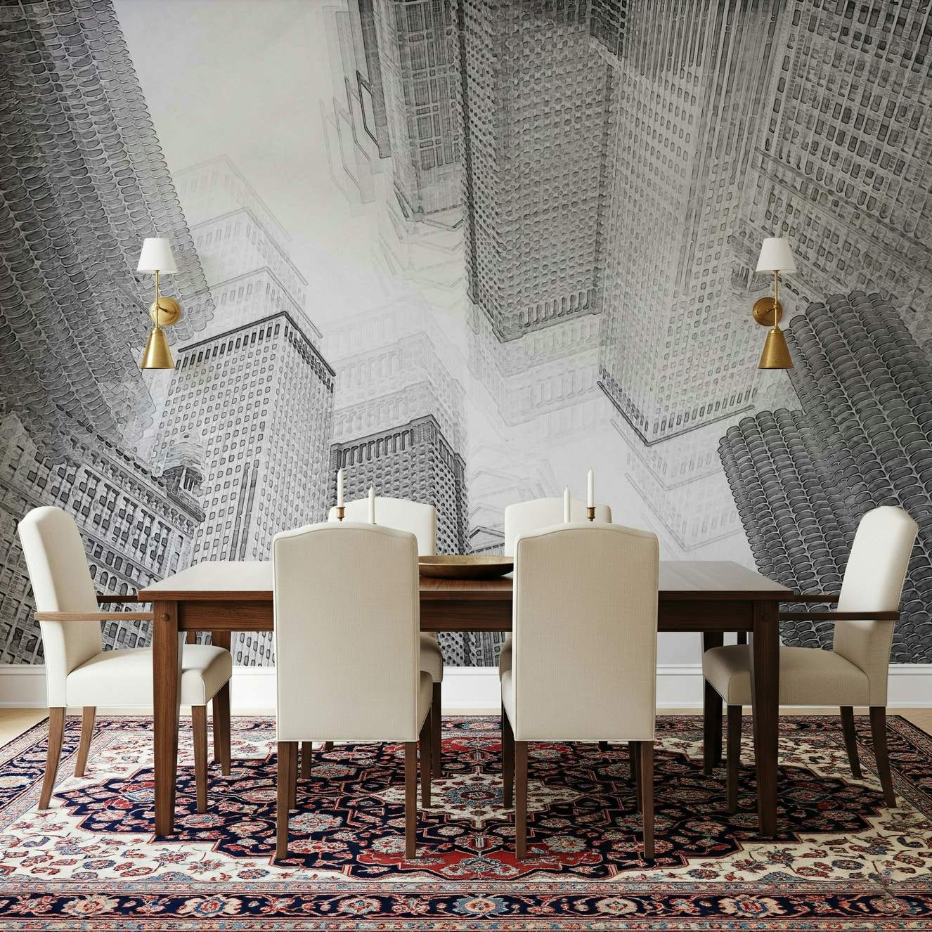 A beautiful sketch-style cityscape wallpaper mural with subtle, architectural lines.