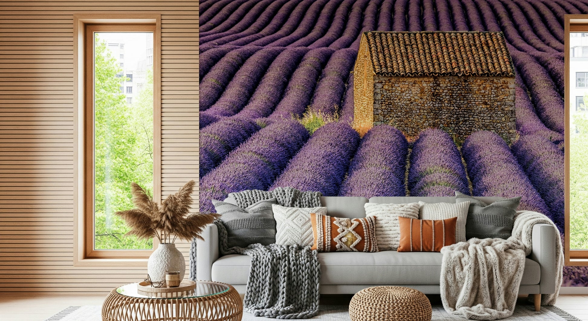 A beautiful serene lavender field wallpaper mural for a modern home.