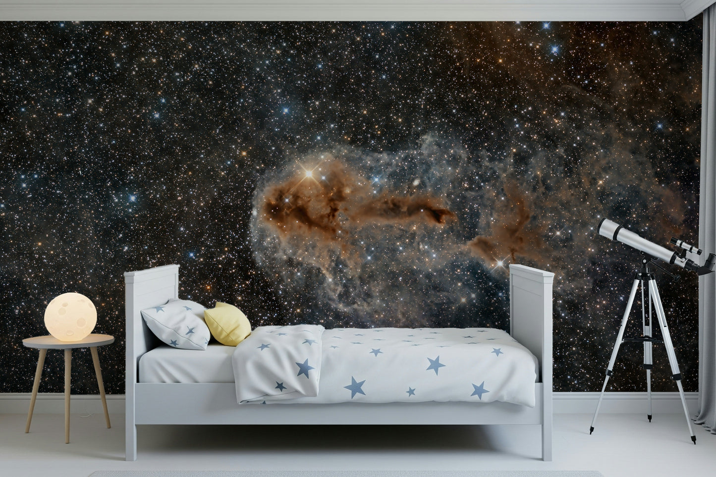 A peaceful cosmic abstract mural on decorative wallpaper.