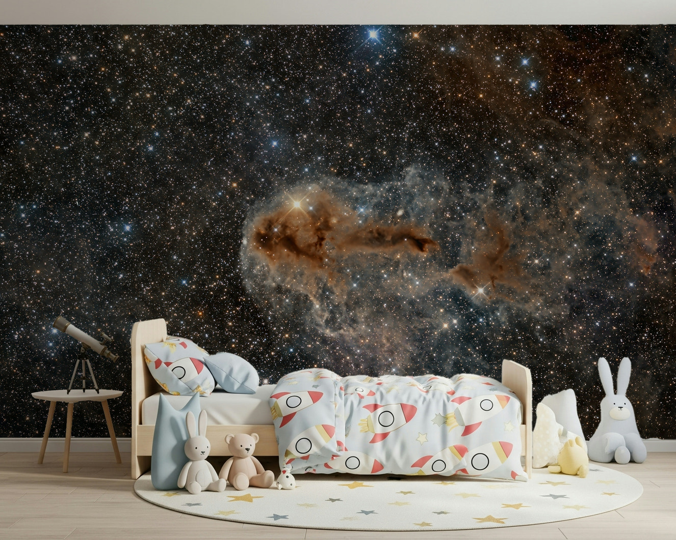 A beautiful abstract night sky wallpaper mural with celestial colors and stars.