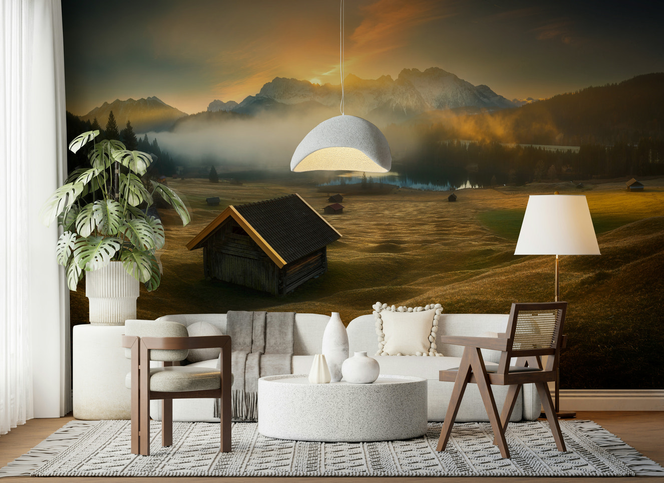 A beautiful Alpine hut wallpaper mural bathed in the light of dawn.