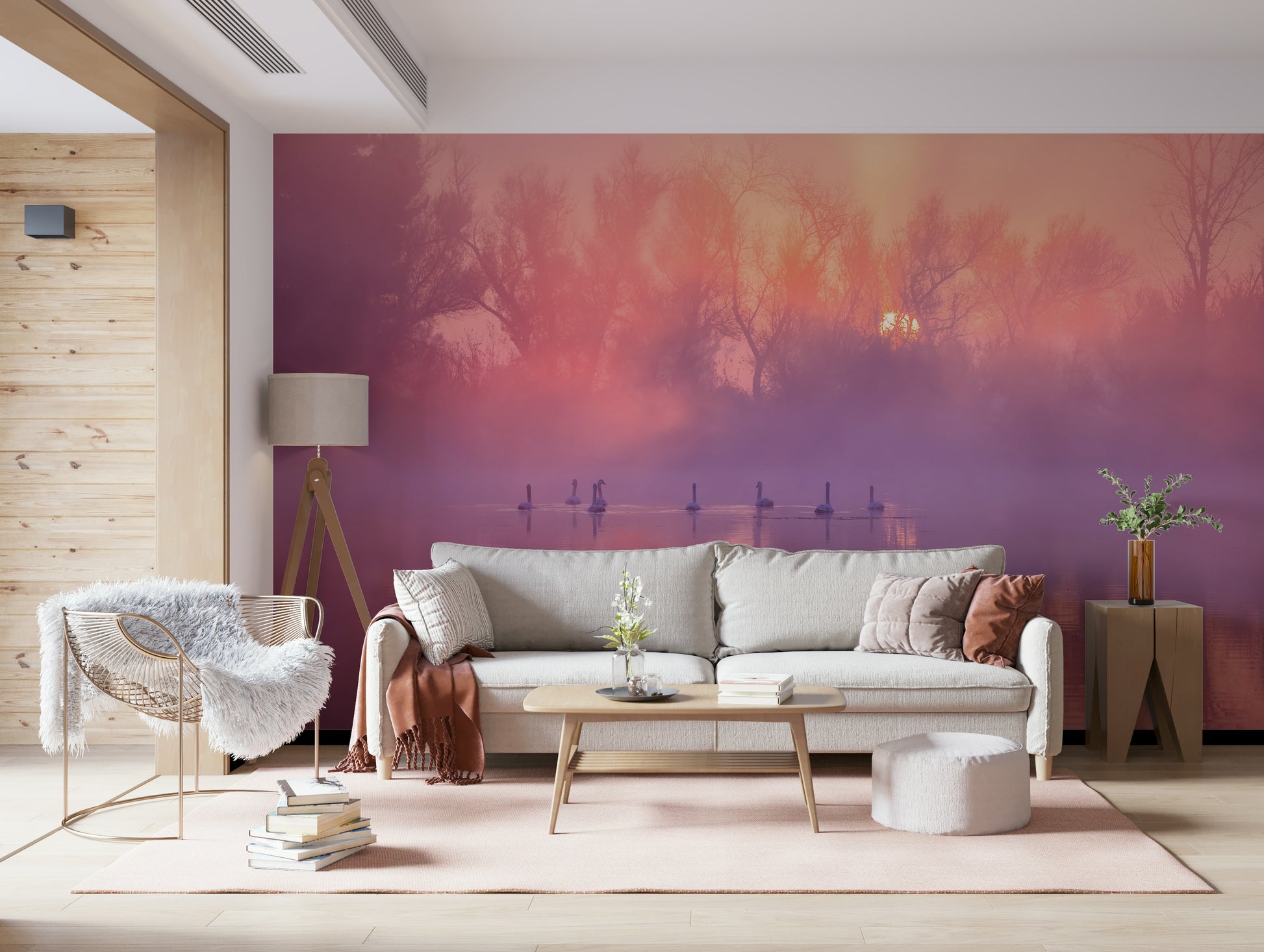 An artistic soft focus aviary mural on minimalist wallpaper.