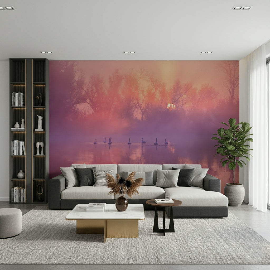 A beautiful swan lake wallpaper mural with graceful birds at sunrise.