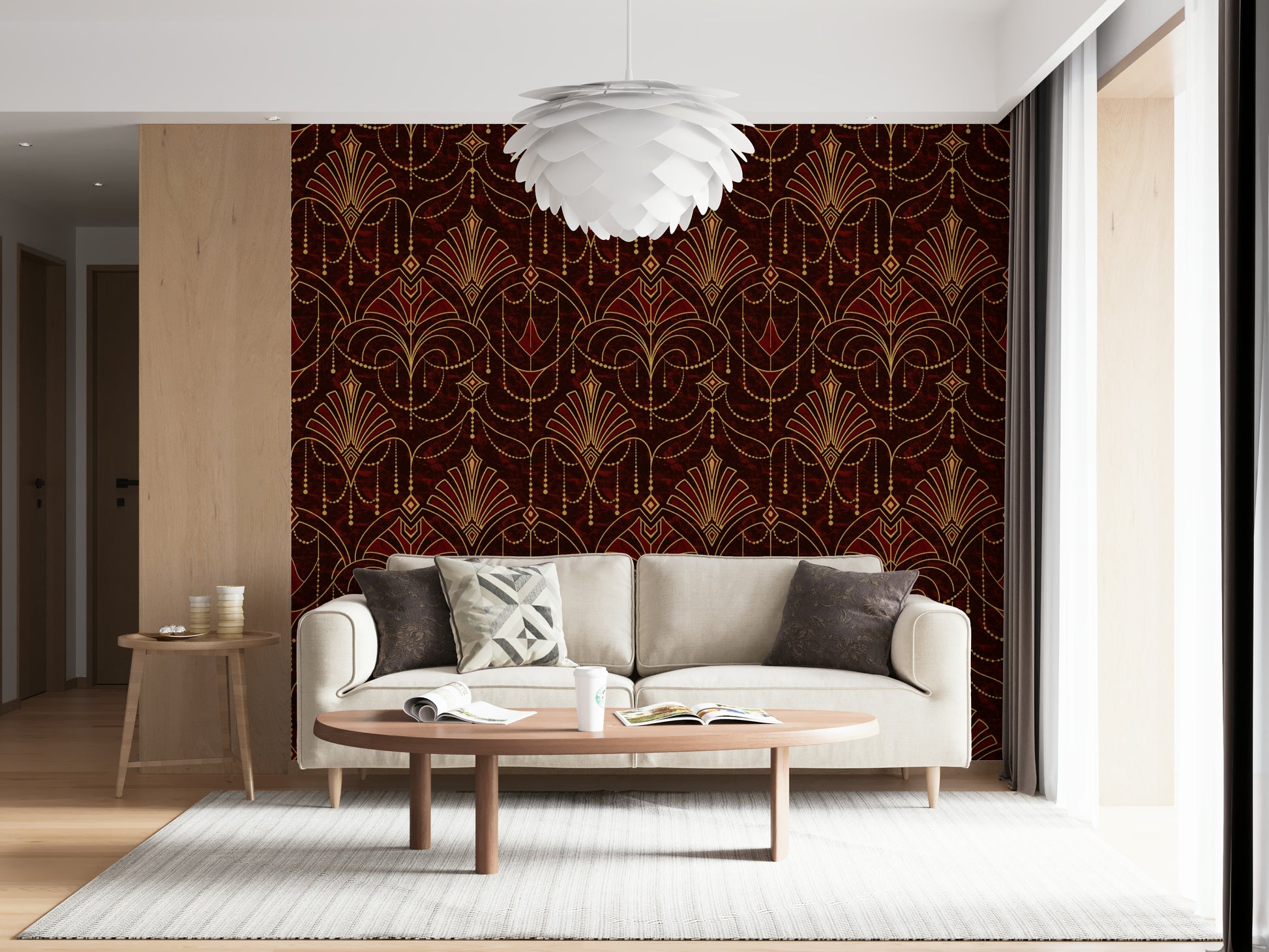 A graceful subtle block wall mural in rich, dramatic tones.
