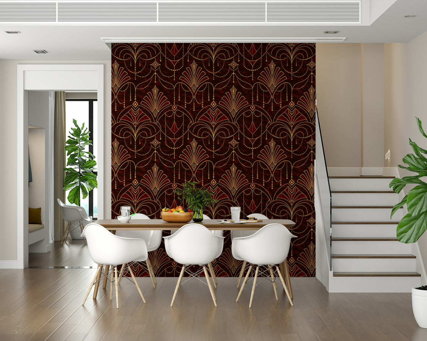 A beautiful Art Deco geometric wallpaper mural with ruby red and gold accents.