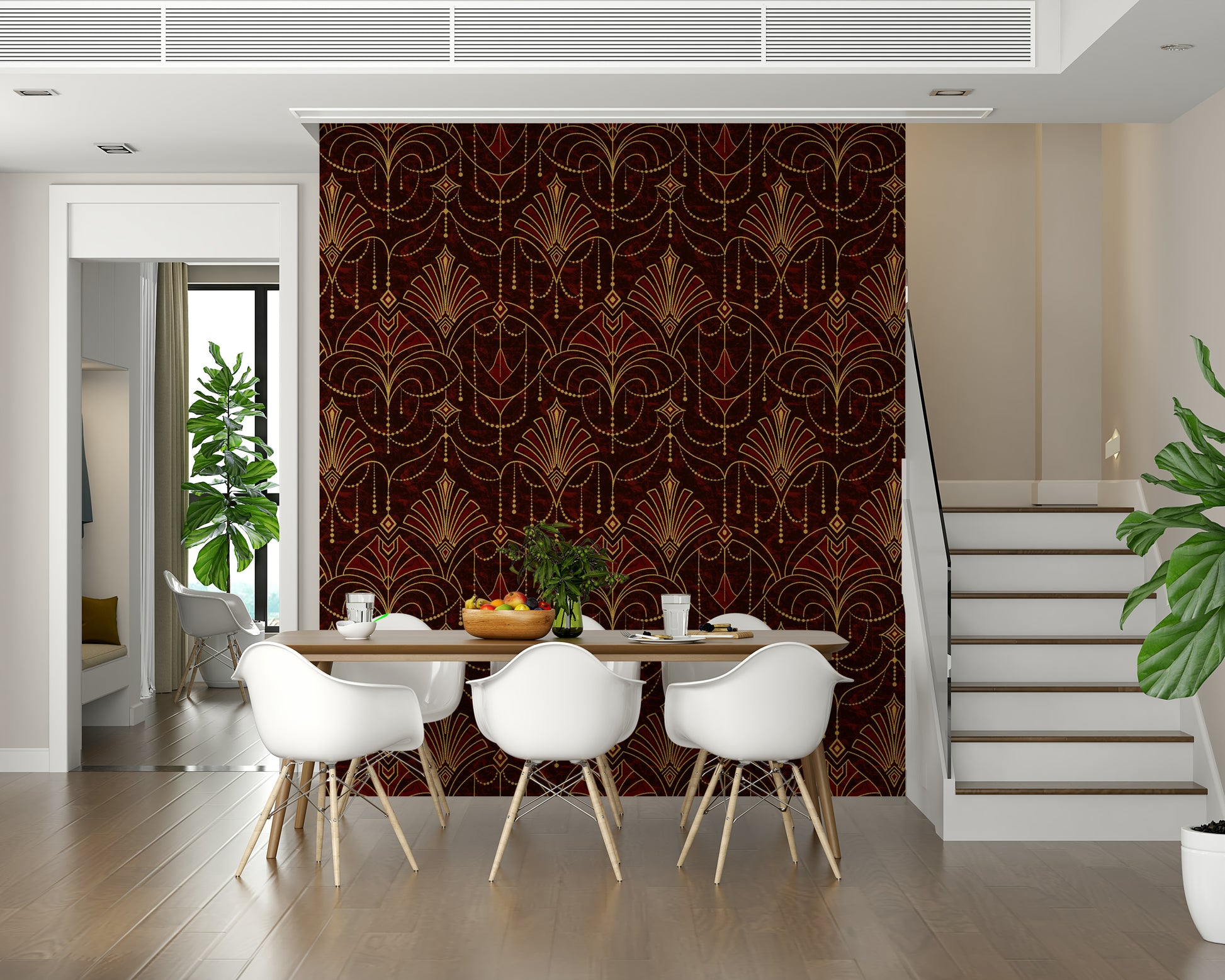 A beautiful Art Deco geometric wallpaper mural with ruby red and gold accents.