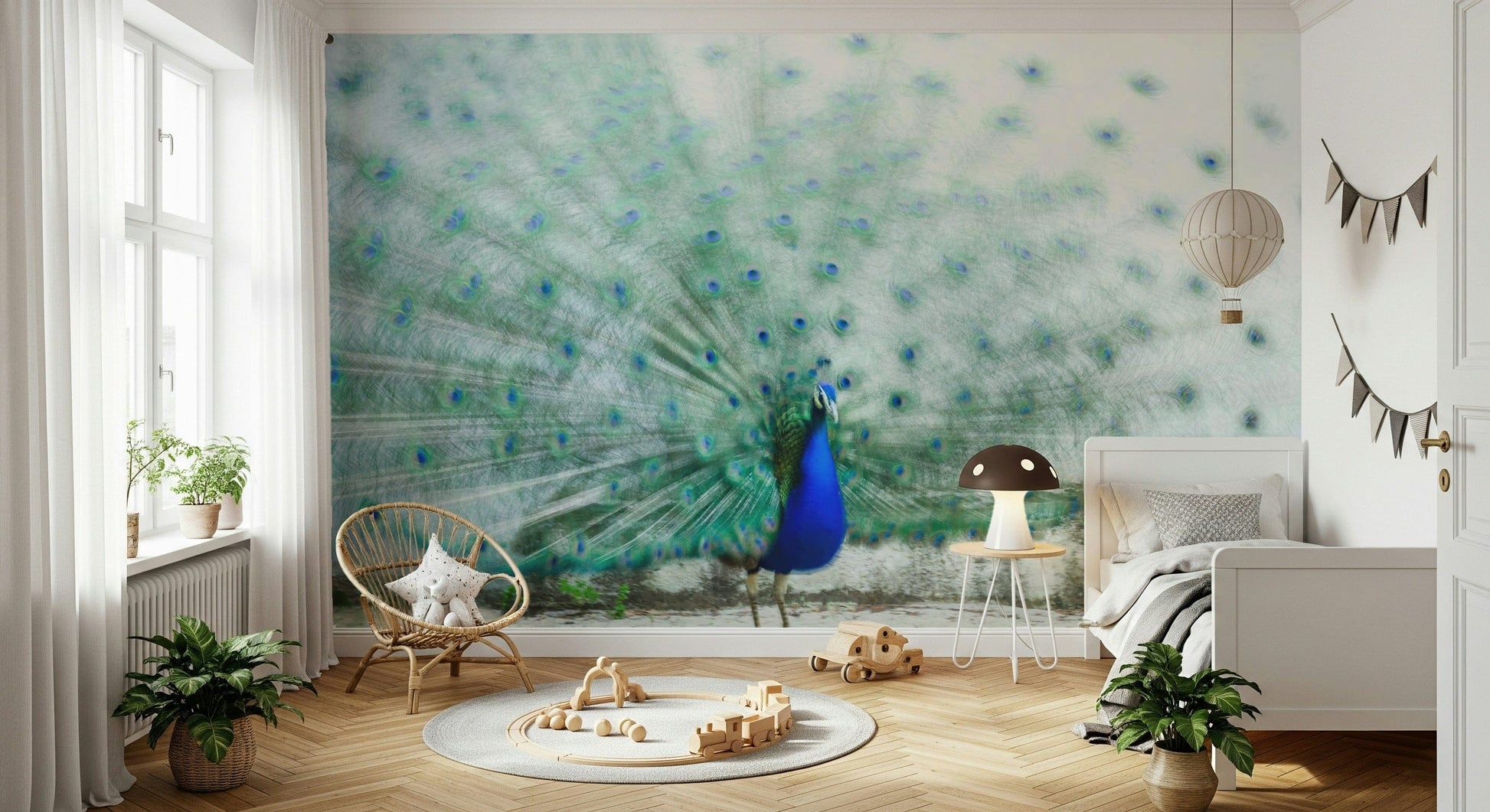 A peaceful modern abstract mural on decorative wallpaper.