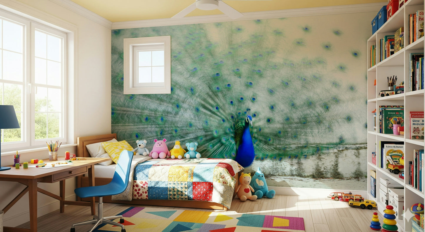 A beautiful peacock feather wallpaper mural with intricate, shimmering patterns.
