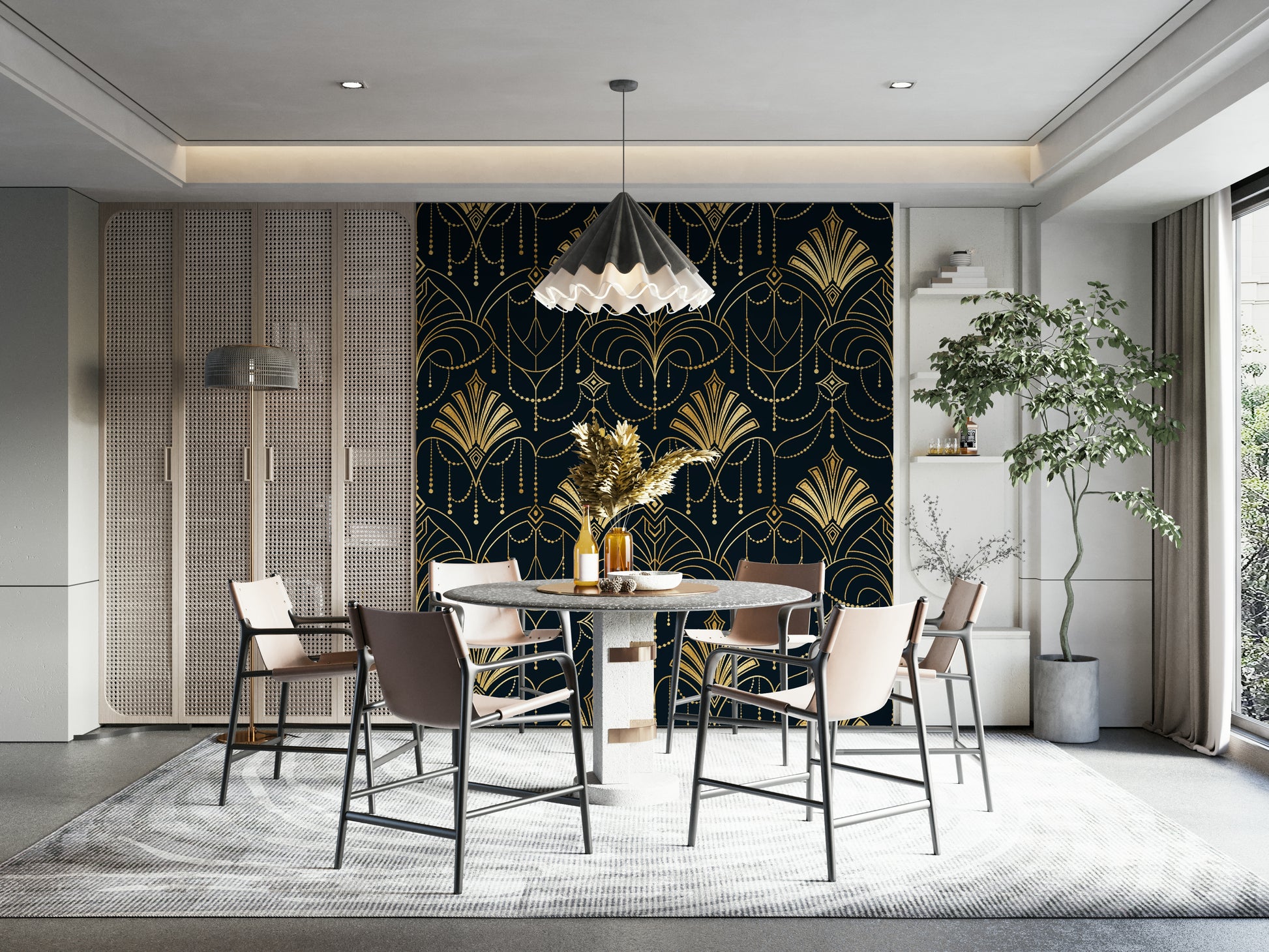 A peaceful Art Deco design mural on decorative wallpaper.