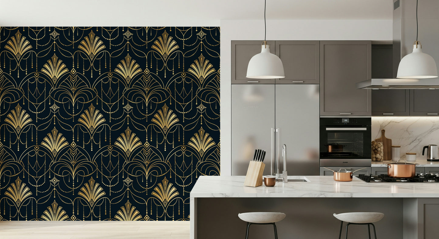 An artistic elegant motif mural on luxury wallpaper.