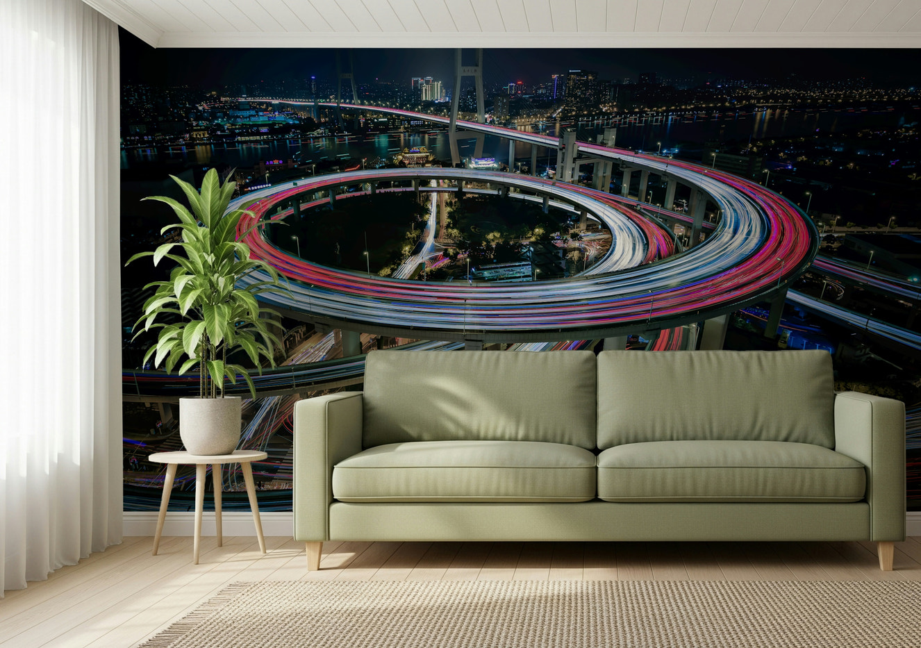 A beautiful abstract city wallpaper mural featuring flowing light trails from moving vehicles.
