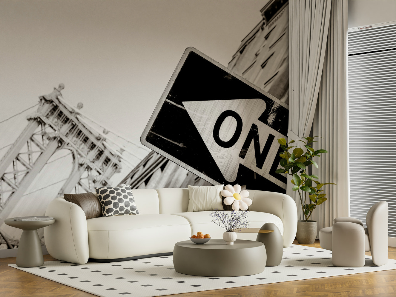 A beautiful monochrome street sign wallpaper mural featuring an urban direction sign in NYC.