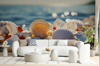 A peaceful modern abstract mural on decorative wallpaper.