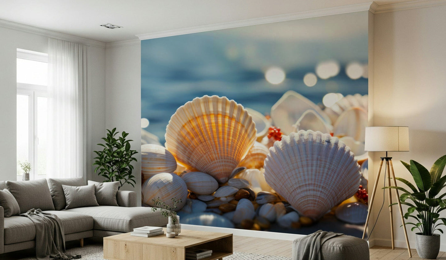 An artistic soft focus seascape mural on minimalist wallpaper.