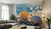 An artistic soft focus seascape mural on minimalist wallpaper.