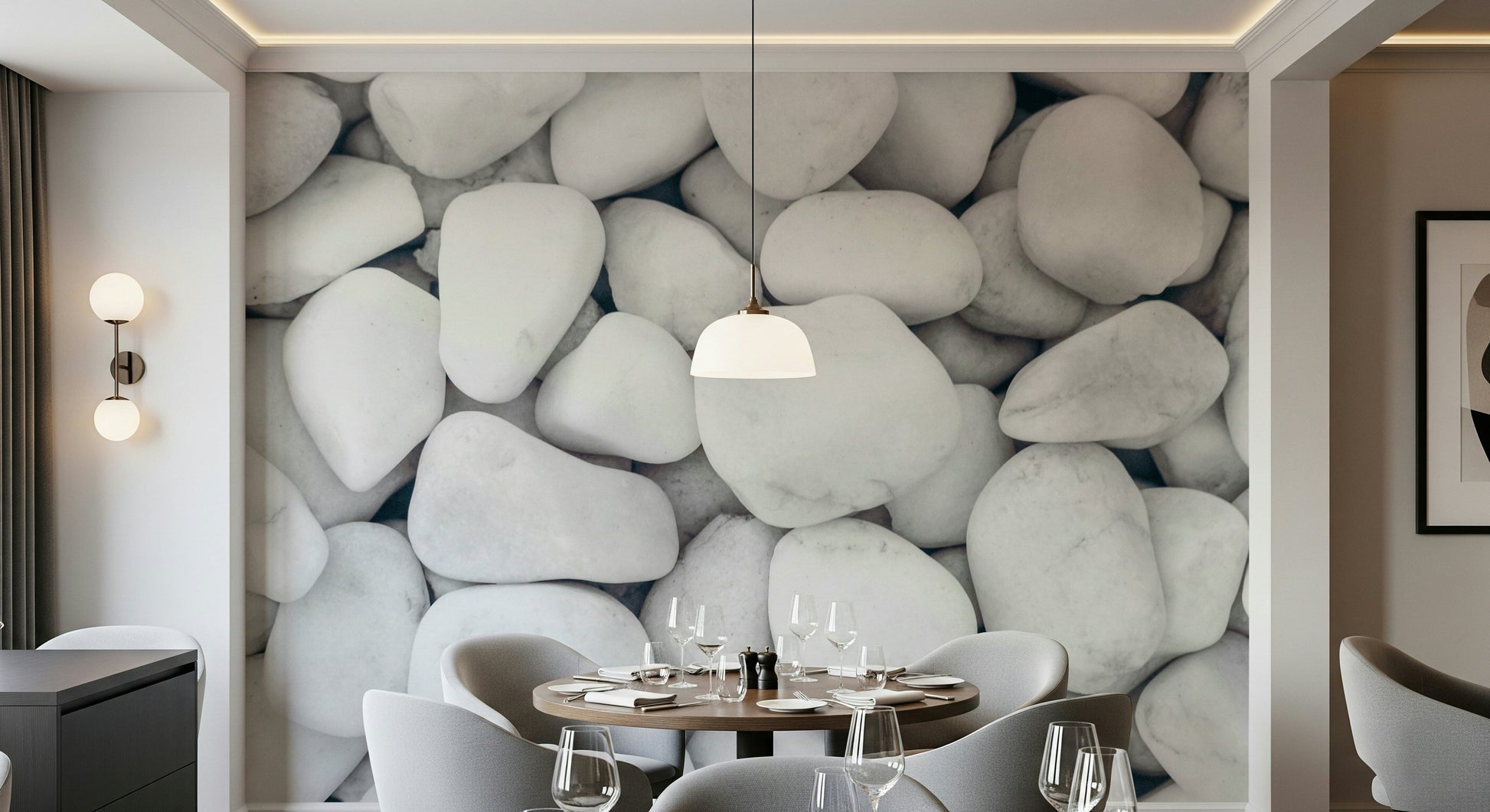 A graceful subtle pattern wall mural in cool, neutral tones.