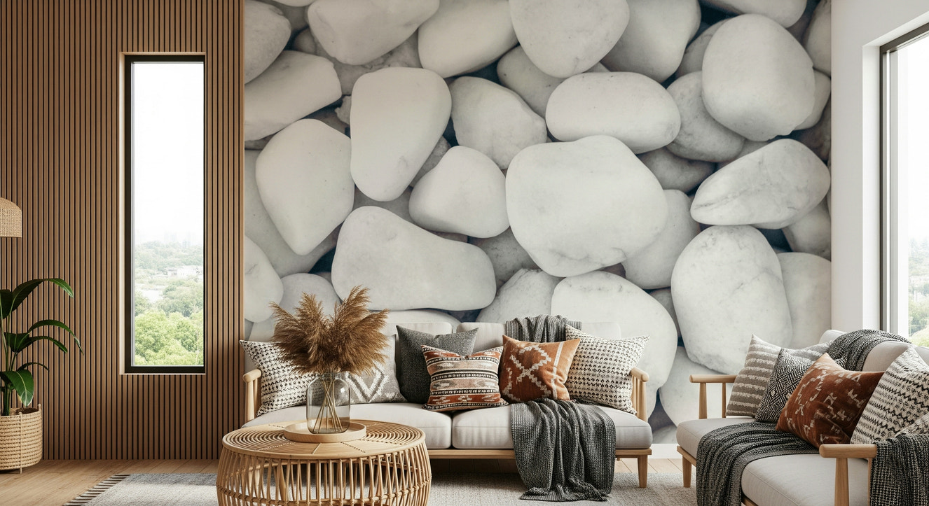 A beautiful abstract white pebble wallpaper mural with soft, rounded shapes.