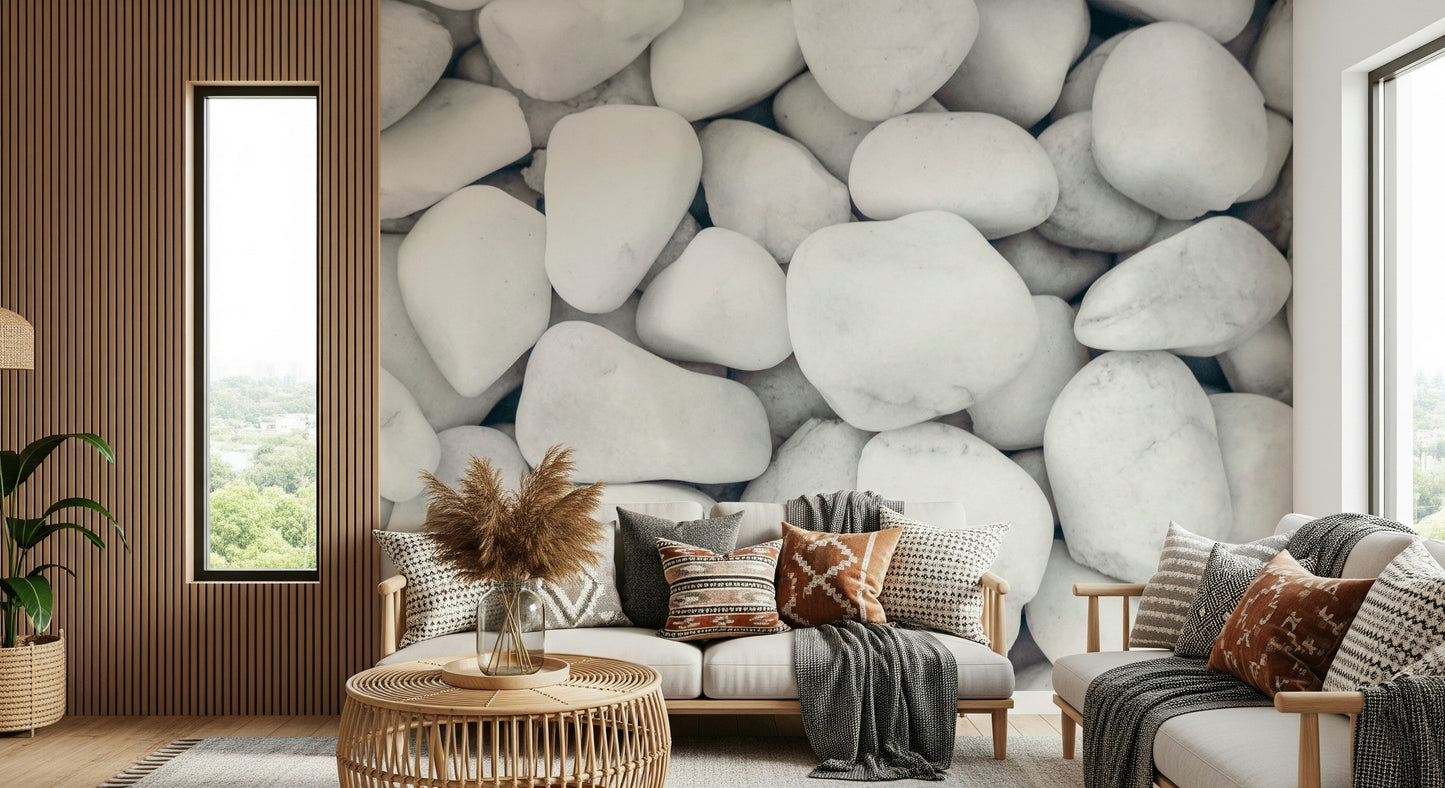 A beautiful abstract white pebble wallpaper mural with soft, rounded shapes.