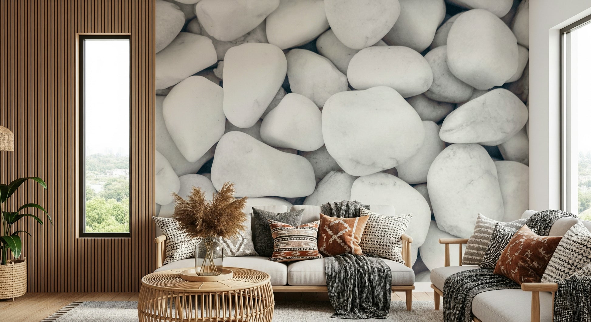 A beautiful abstract white pebble wallpaper mural with soft, rounded shapes.