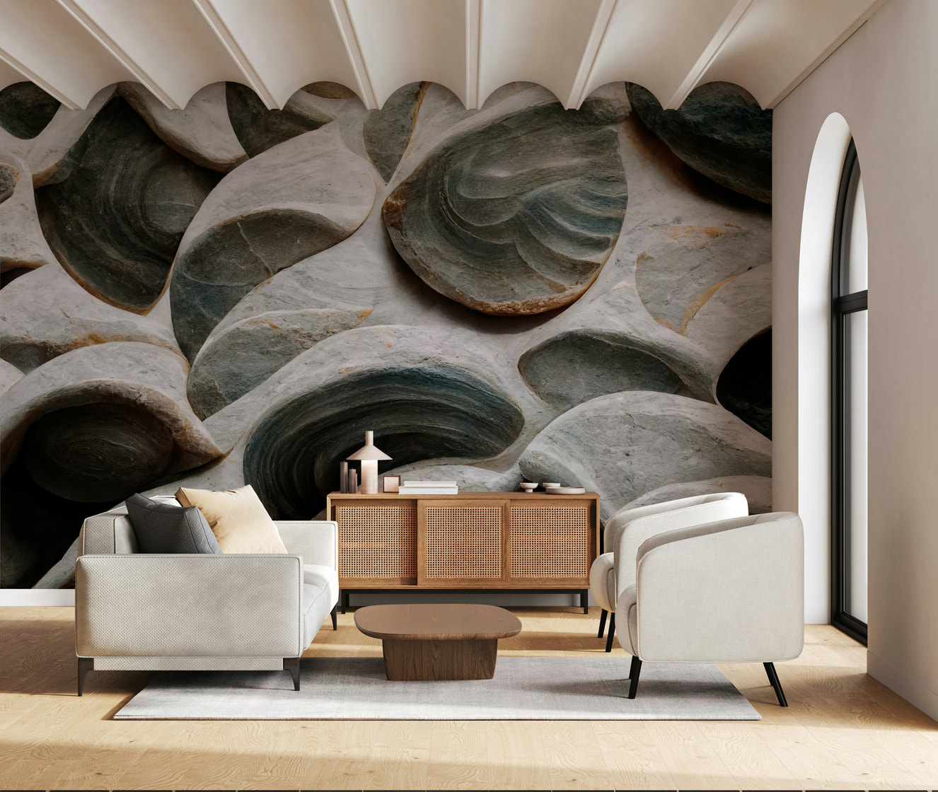 A beautiful abstract stone wallpaper mural with subtle, sculpted texture.