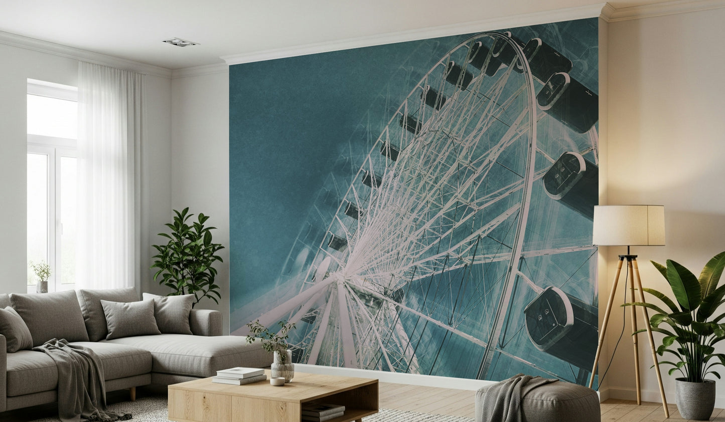 A beautiful ferris wheel wallpaper mural dominating an evening cityscape with soft lights.