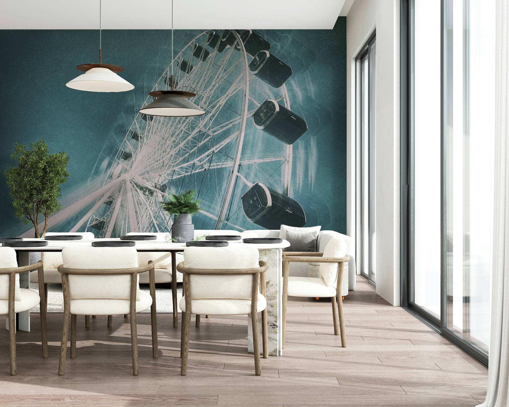 A graceful subtle pattern wall mural in cool, dark tones with bright light accents.