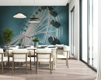 A graceful subtle pattern wall mural in cool, dark tones with bright light accents.