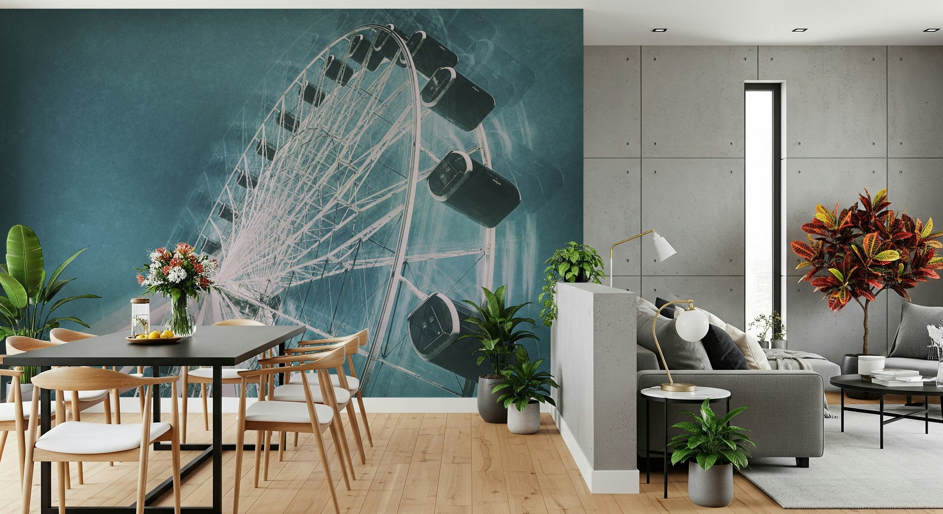 A peaceful modern abstract mural on decorative wallpaper.