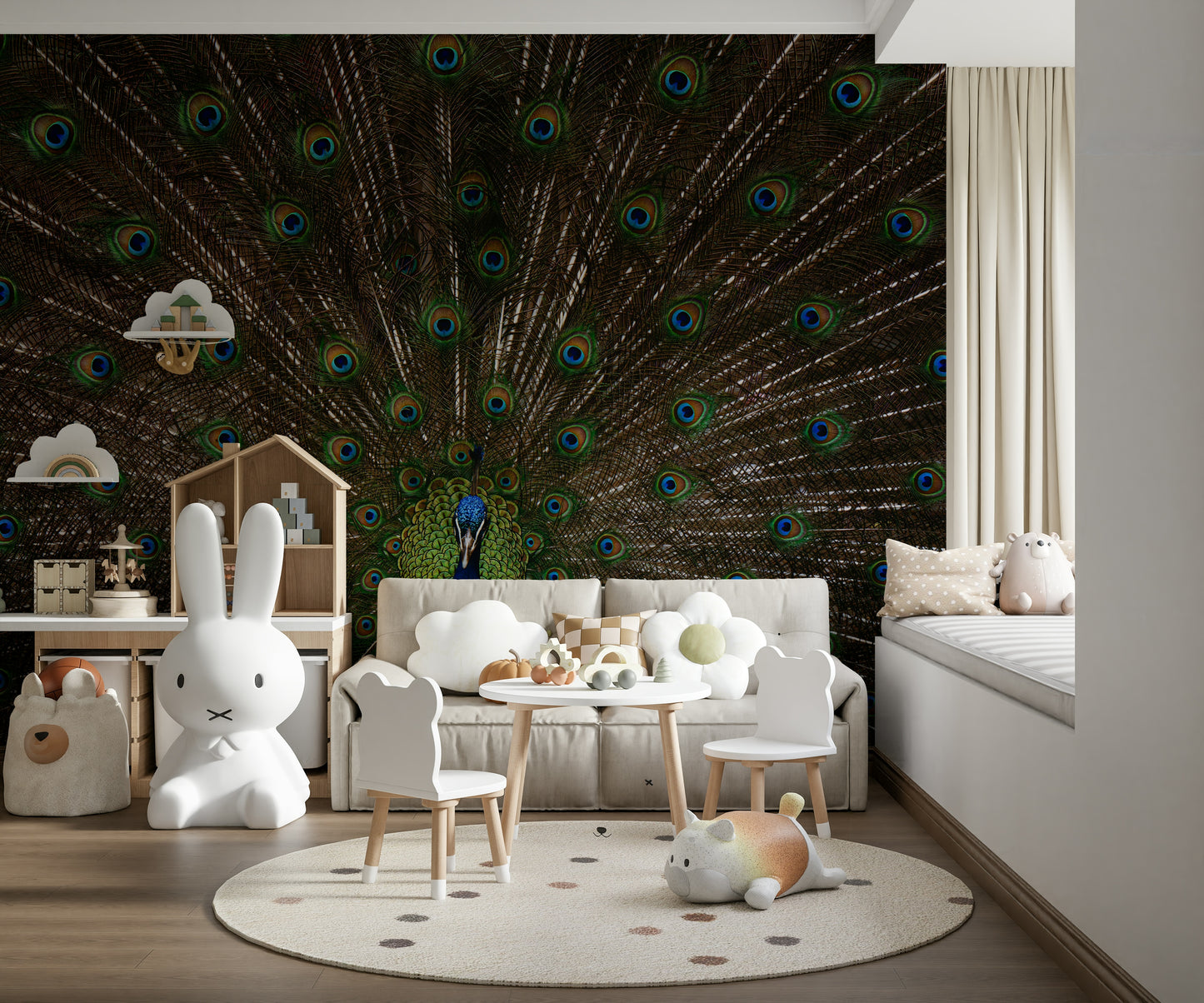 An artistic soft focus aviary mural on luxury wallpaper.