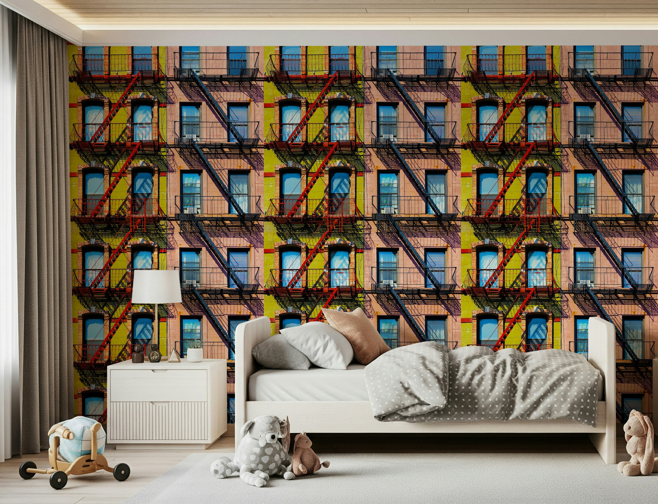 A beautiful abstract art wallpaper mural with geometric shapes and rhythmic urban lines.