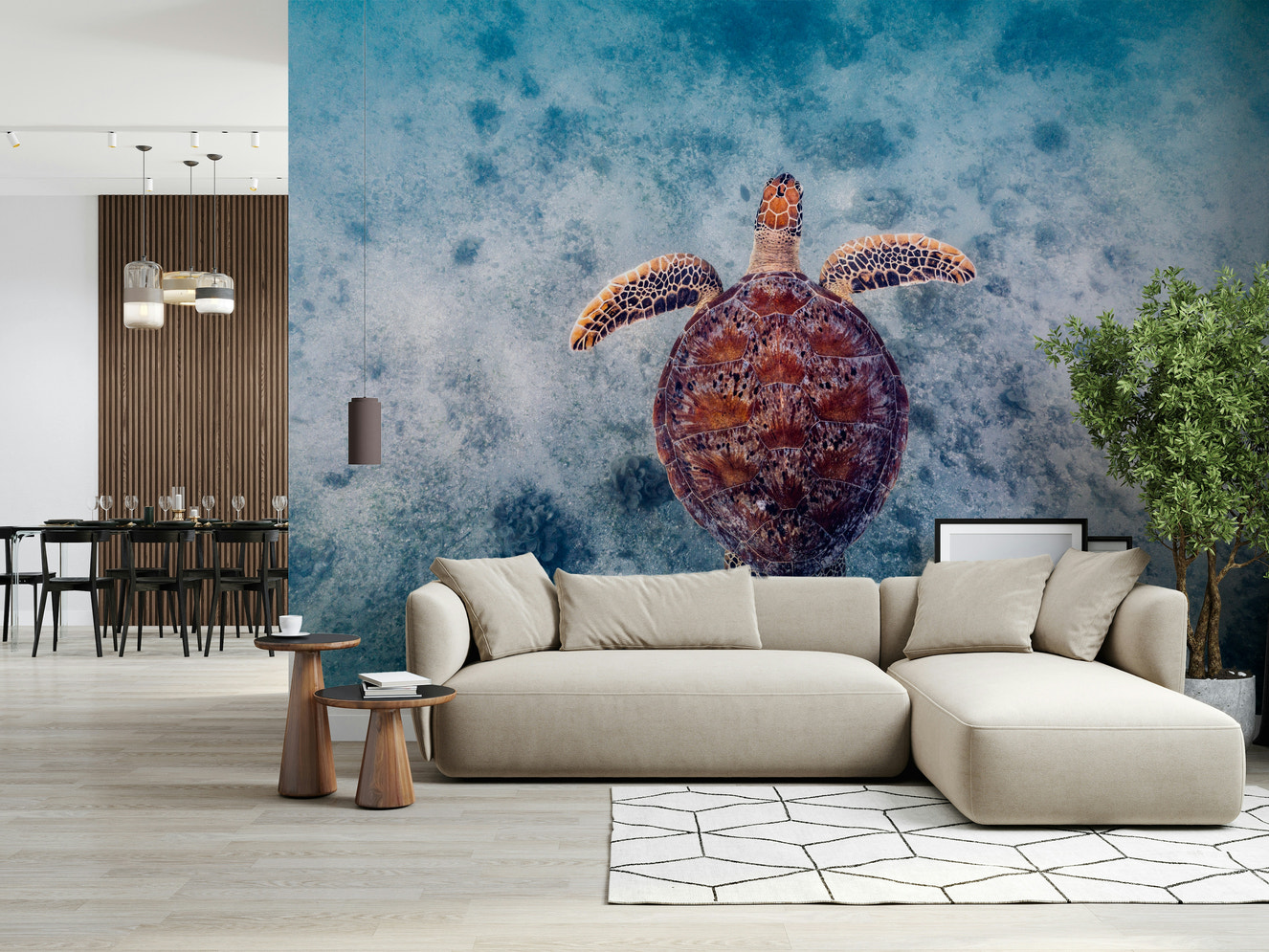 A beautiful sea turtle serenity wallpaper mural with graceful marine life.