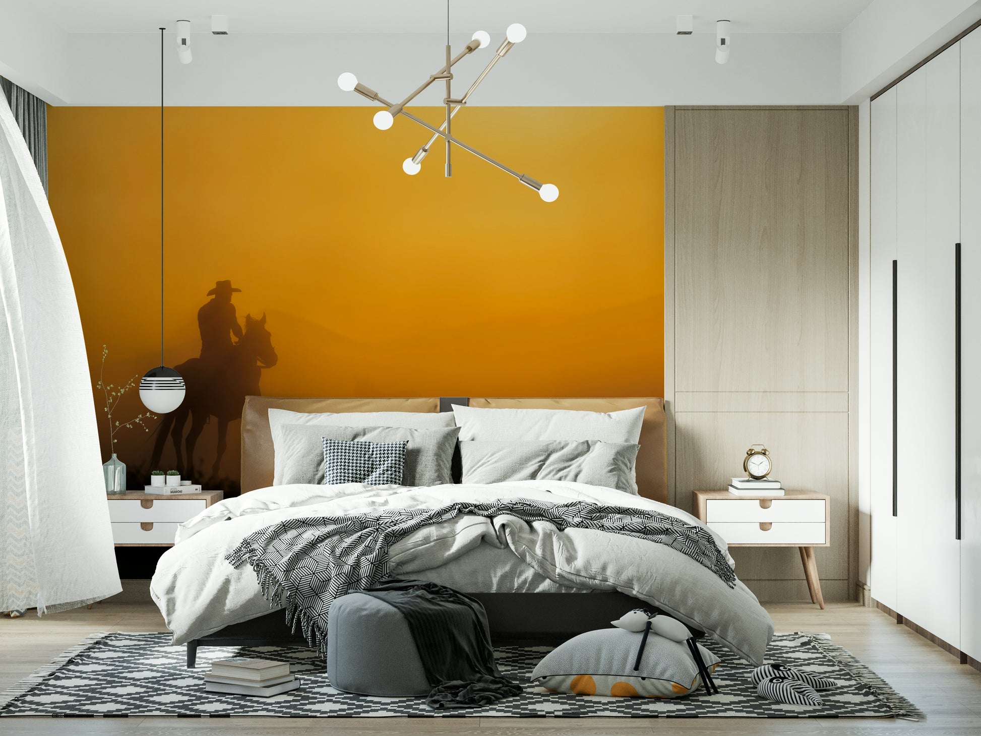 A peaceful open country mural on decorative wallpaper.