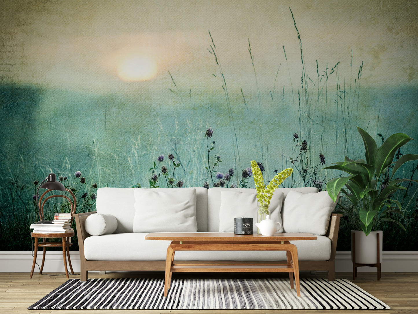 A beautiful wide-angle wall mural of a misty meadow.