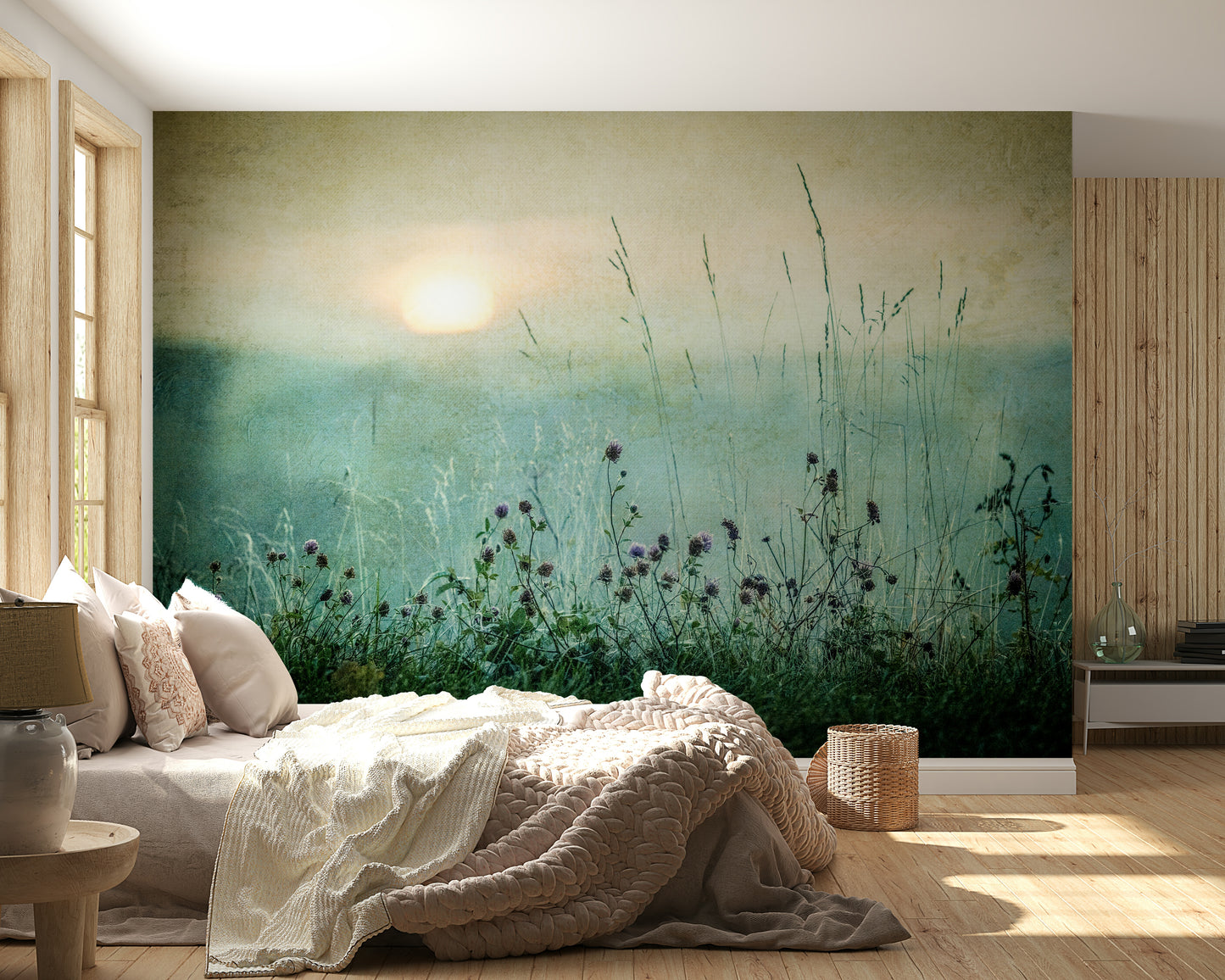 A peaceful open country mural on decorative wallpaper.