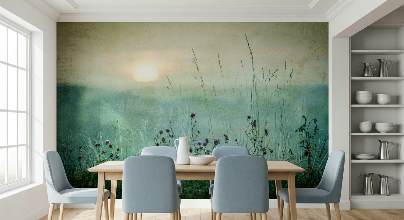 A beautiful vintage meadow wallpaper mural with subtle, misty dawn light.