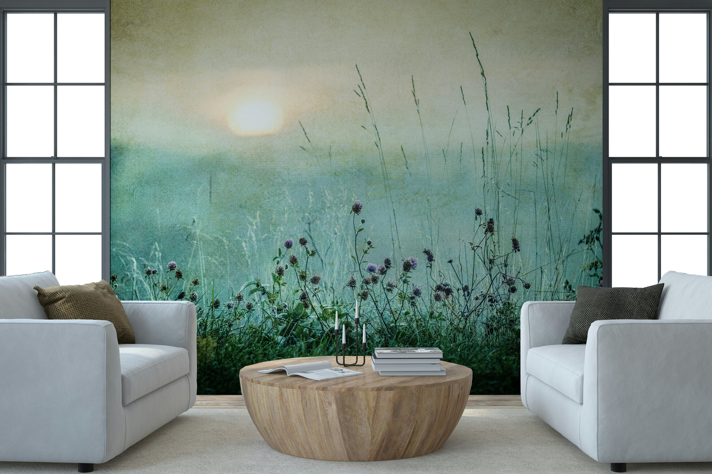 A calming serene view wallpaper mural that defines a space.