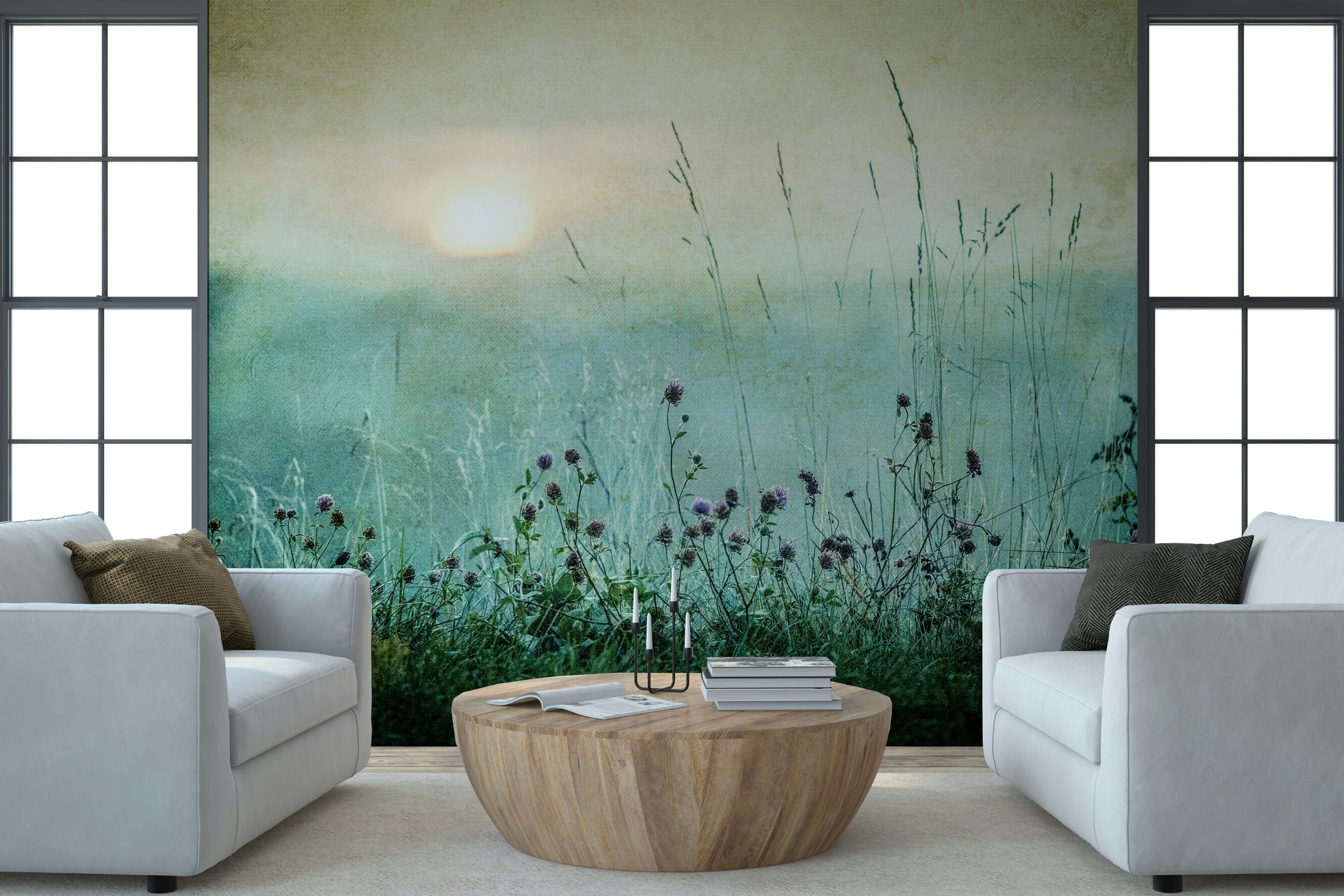 A calming serene view wallpaper mural that defines a space.