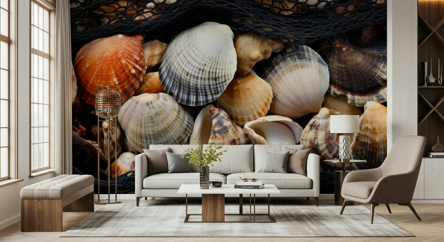A beautiful coastal treasures wallpaper mural with subtle, sea-inspired elements.