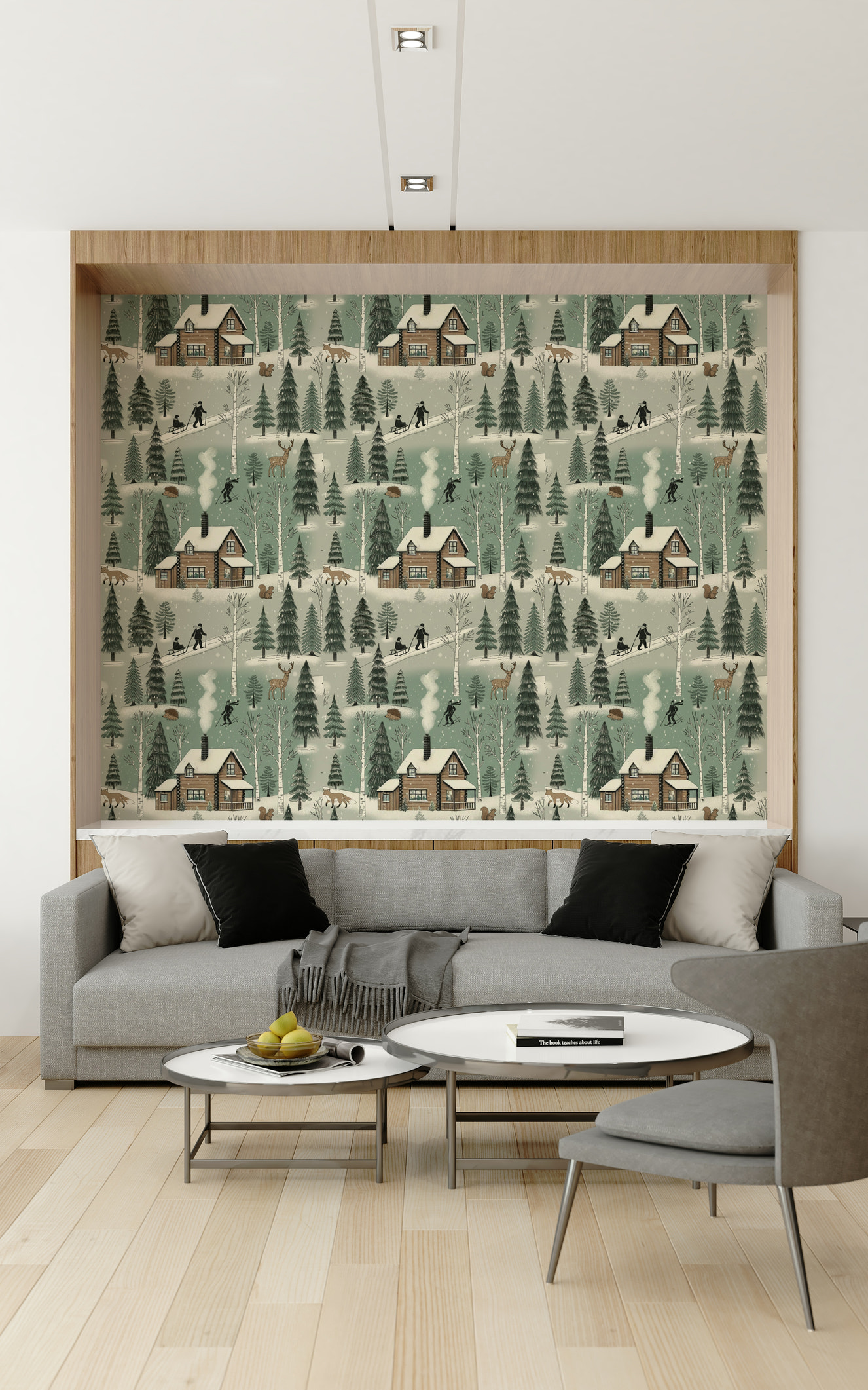 A beautiful subtle winter cabin wallpaper mural with snow-covered trees and a cozy scene.