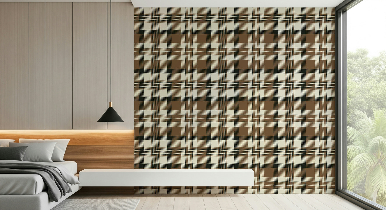 A beautiful rustic plaid wallpaper mural in soft, earthy tones.