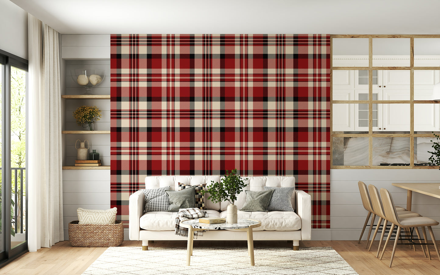 A beautiful crimson plaid wallpaper mural with a classic tartan pattern.