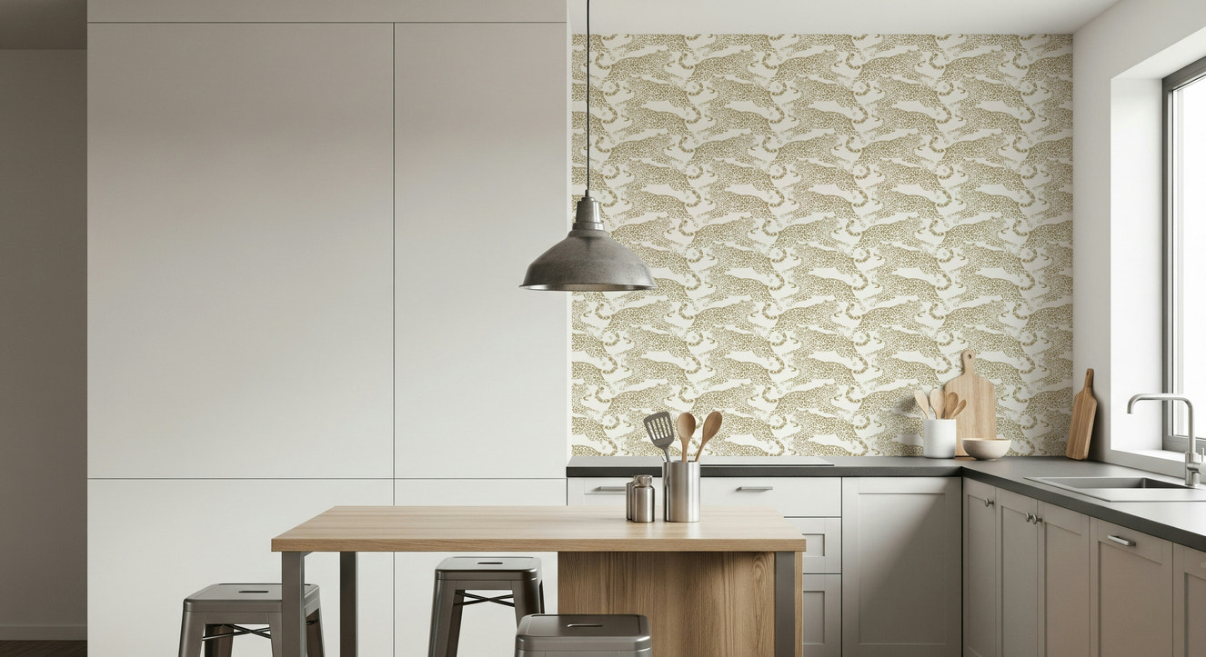 A serene subtle animal pattern wall mural with gilded accents.