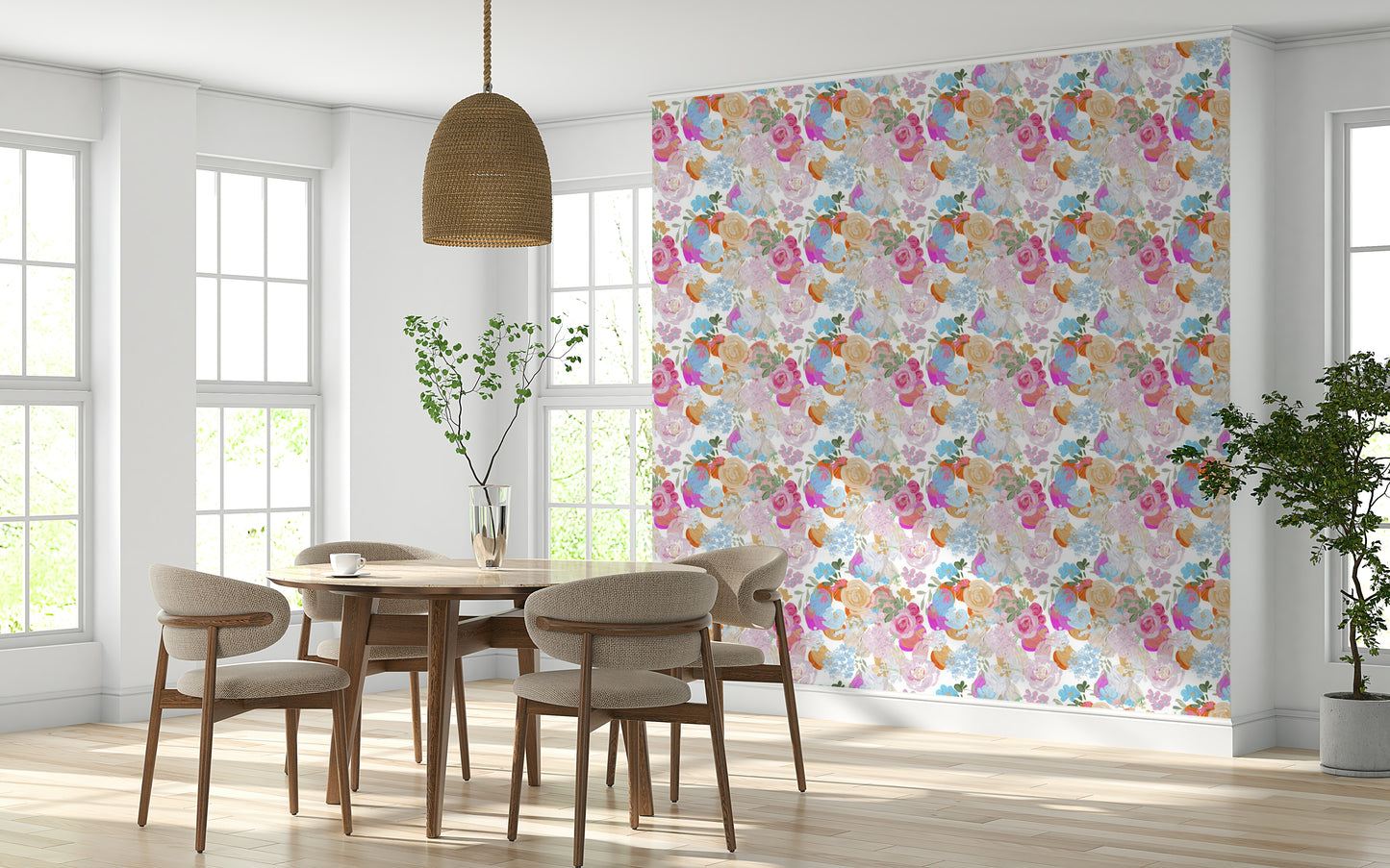 A peaceful flower design mural on decorative wallpaper.