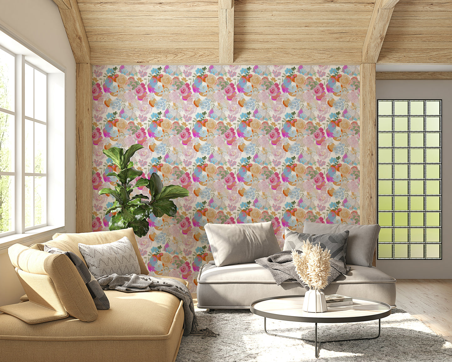 An artistic delicate bloom mural on luxury wallpaper.
