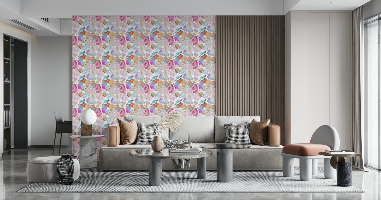 A beautiful thick oil painted floral wallpaper mural with vibrant magenta and spring colors.