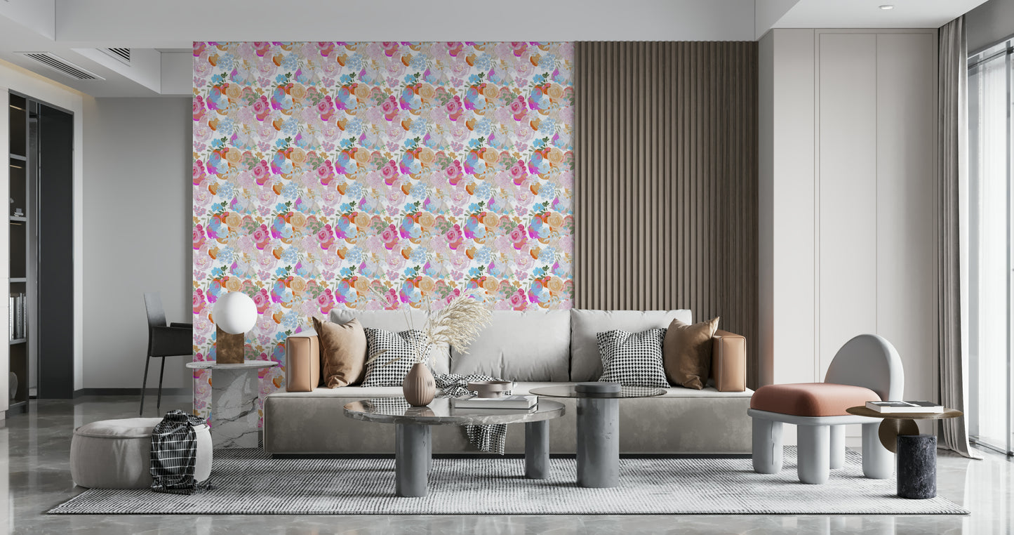 A beautiful thick oil painted floral wallpaper mural with vibrant magenta and spring colors.