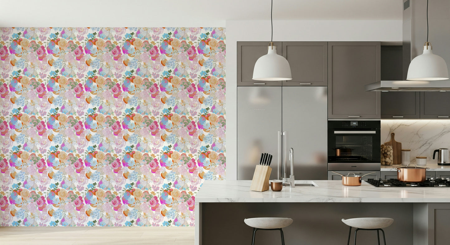 A calming floral design wallpaper mural that defines a space.
