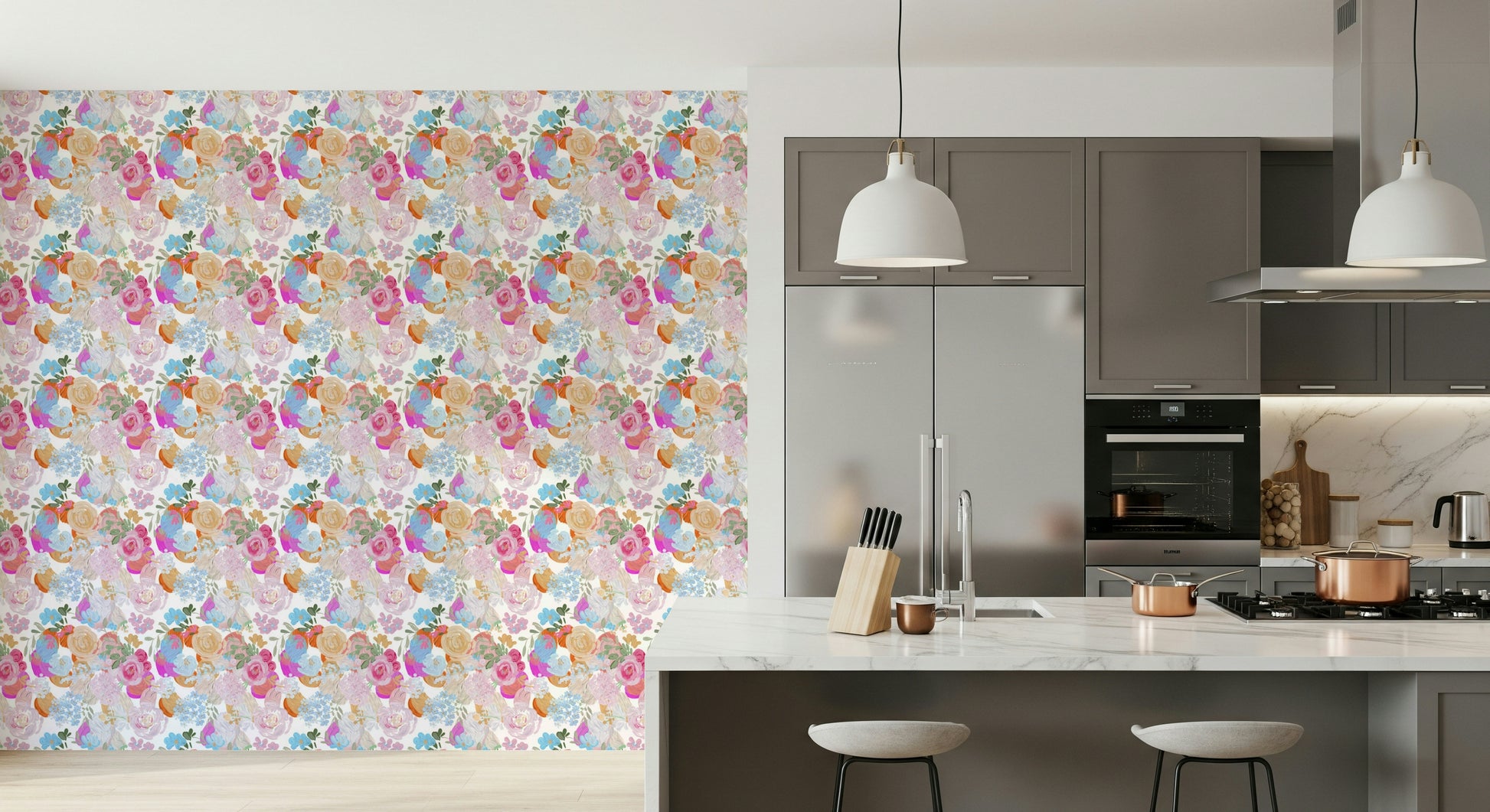 A calming floral design wallpaper mural that defines a space.