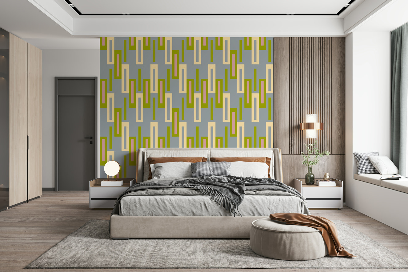 A beautiful abstract geometric wallpaper mural with bold, interlocking shapes.